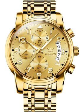 Men's Gold Face/Gold Band Stainless Steel Chronograph Waterproof Wrist Watch